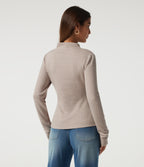 Ribbed Mock Neck Long Sleeve Asymmetric Slim Casual Top — Oatstone Beige — view 2