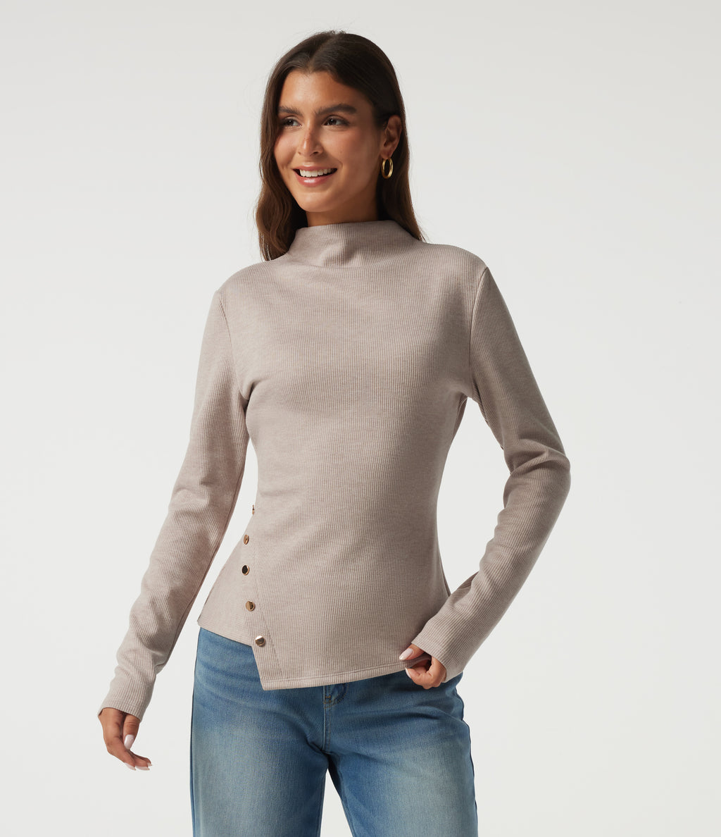 Ribbed Mock Neck Long Sleeve Asymmetric Slim Casual Top — Oatstone Beige — view 4