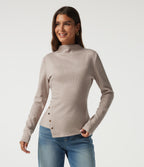 Ribbed Mock Neck Long Sleeve Asymmetric Slim Casual Top — Oatstone Beige — view 4