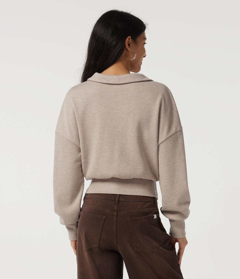 Ribbed Knit Lapel Long Sleeve Casual Top — Oatstone Beige — view 2