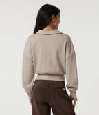 Ribbed Knit Lapel Long Sleeve Casual Top — Oatstone Beige — view 2
