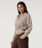 Ribbed Knit Lapel Long Sleeve Casual Top — Oatstone Beige — view 3