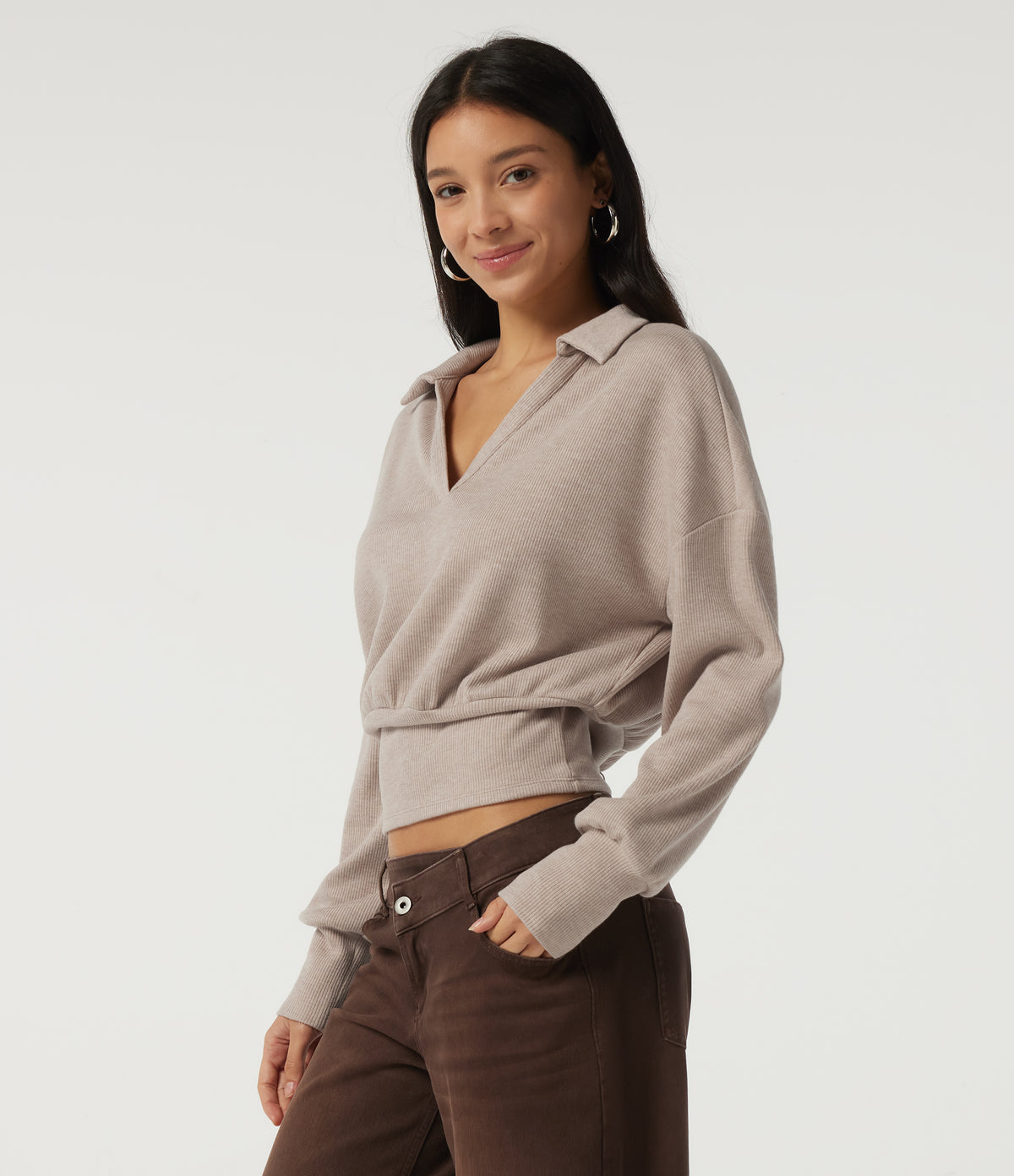 Ribbed Knit Lapel Long Sleeve Casual Top — Oatstone Beige — view 3