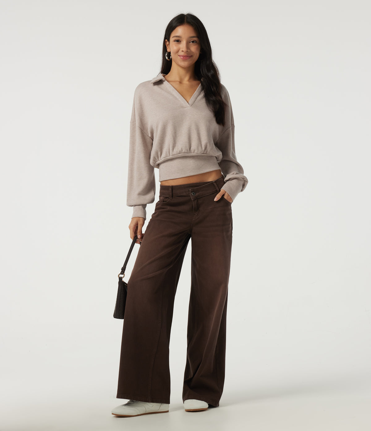 Ribbed Knit Lapel Long Sleeve Casual Top — Oatstone Beige — view 7