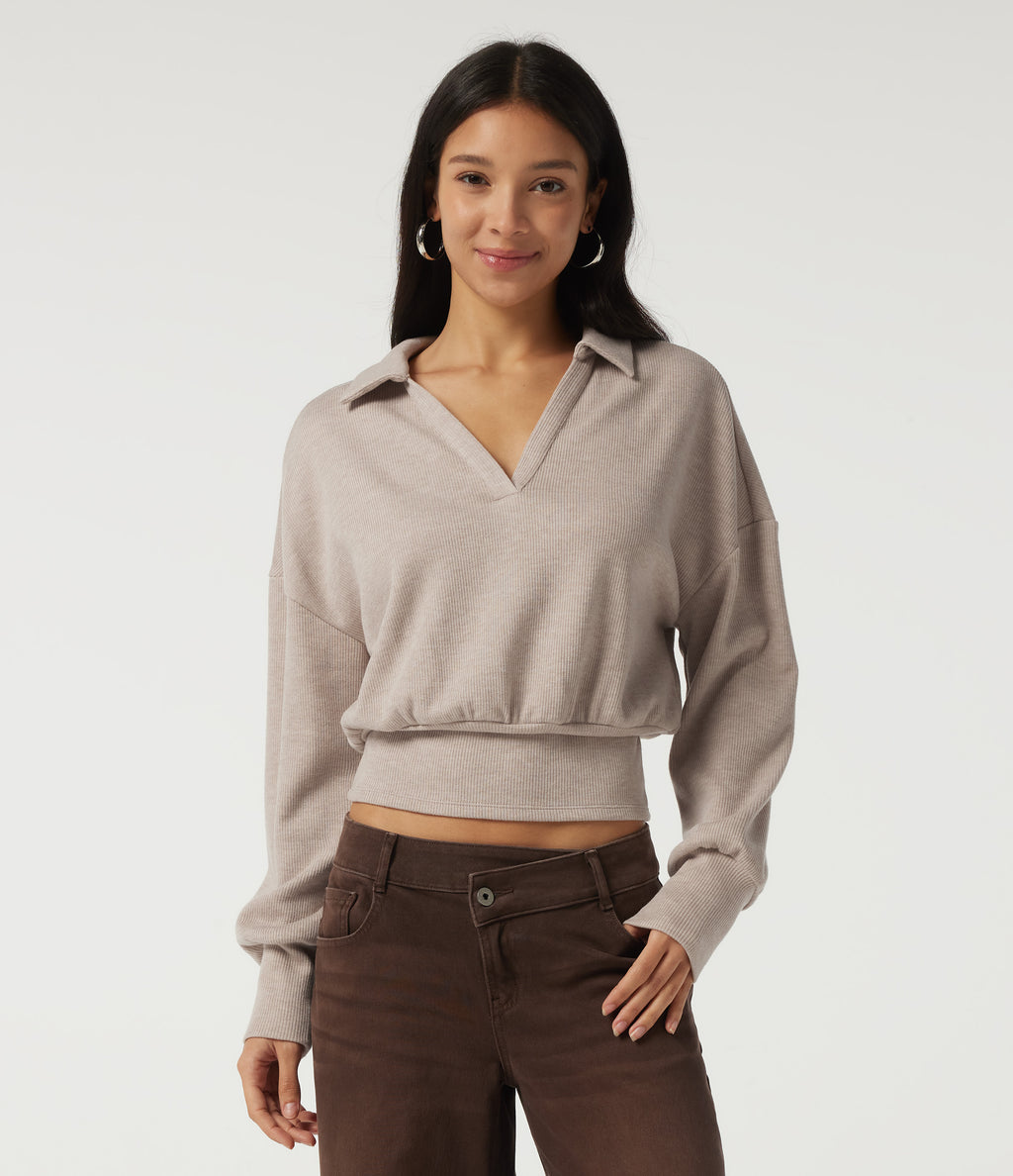 Ribbed Knit Lapel Long Sleeve Casual Top — Oatstone Beige — view 4