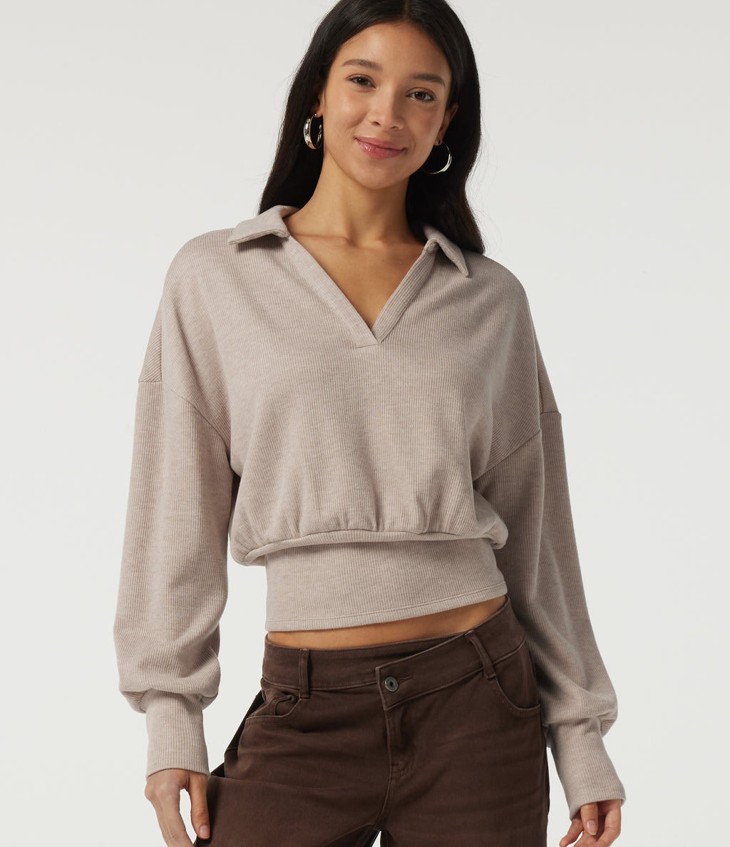 Ribbed Knit Lapel Long Sleeve Casual Top — Oatstone Beige — view 1