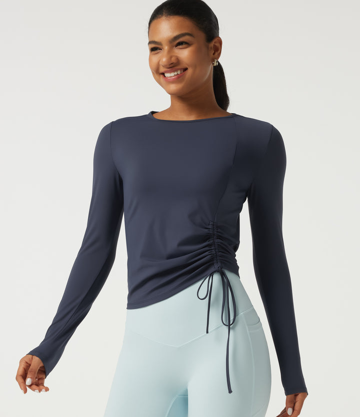 Airy Round Neck Long Sleeve Ruched InstantCool Yoga Sports Top — Mood Indigo — view 1
