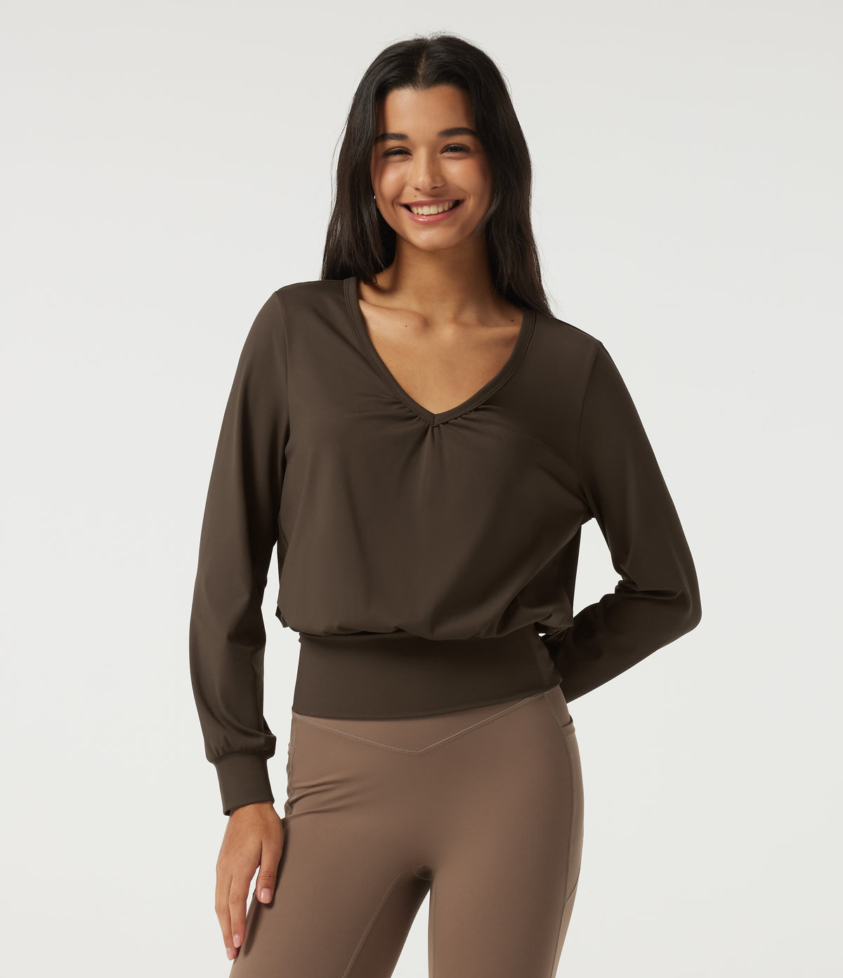 Airy V Neck Long Sleeve Ruched InstantCool Yoga Sports Top — Chocolate Martini — view 4