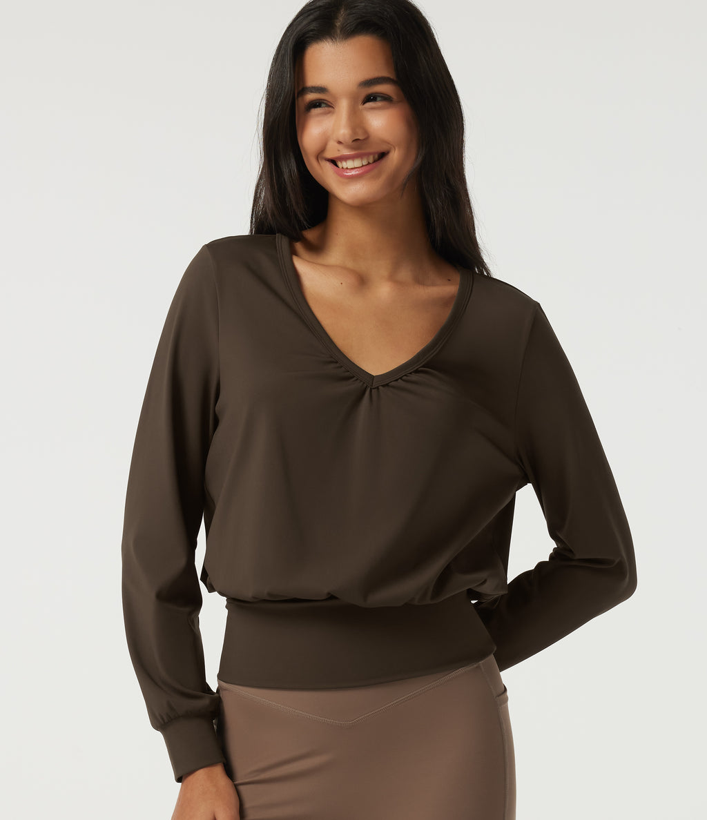 Airy V Neck Long Sleeve Ruched InstantCool Yoga Sports Top — Chocolate Martini — view 1