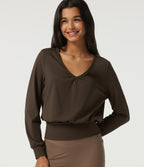 Airy V Neck Long Sleeve Ruched InstantCool Yoga Sports Top — Chocolate Martini — view 1