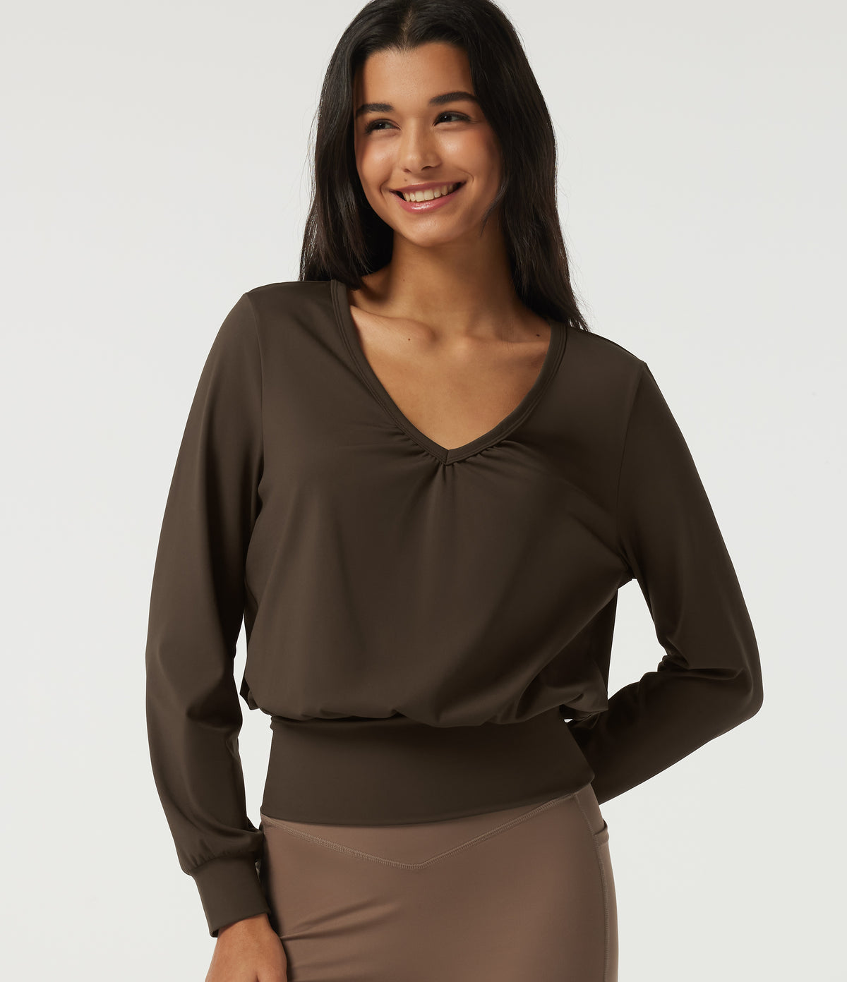 Airy V Neck Long Sleeve Ruched InstantCool Yoga Sports Top — Chocolate Martini — view 1