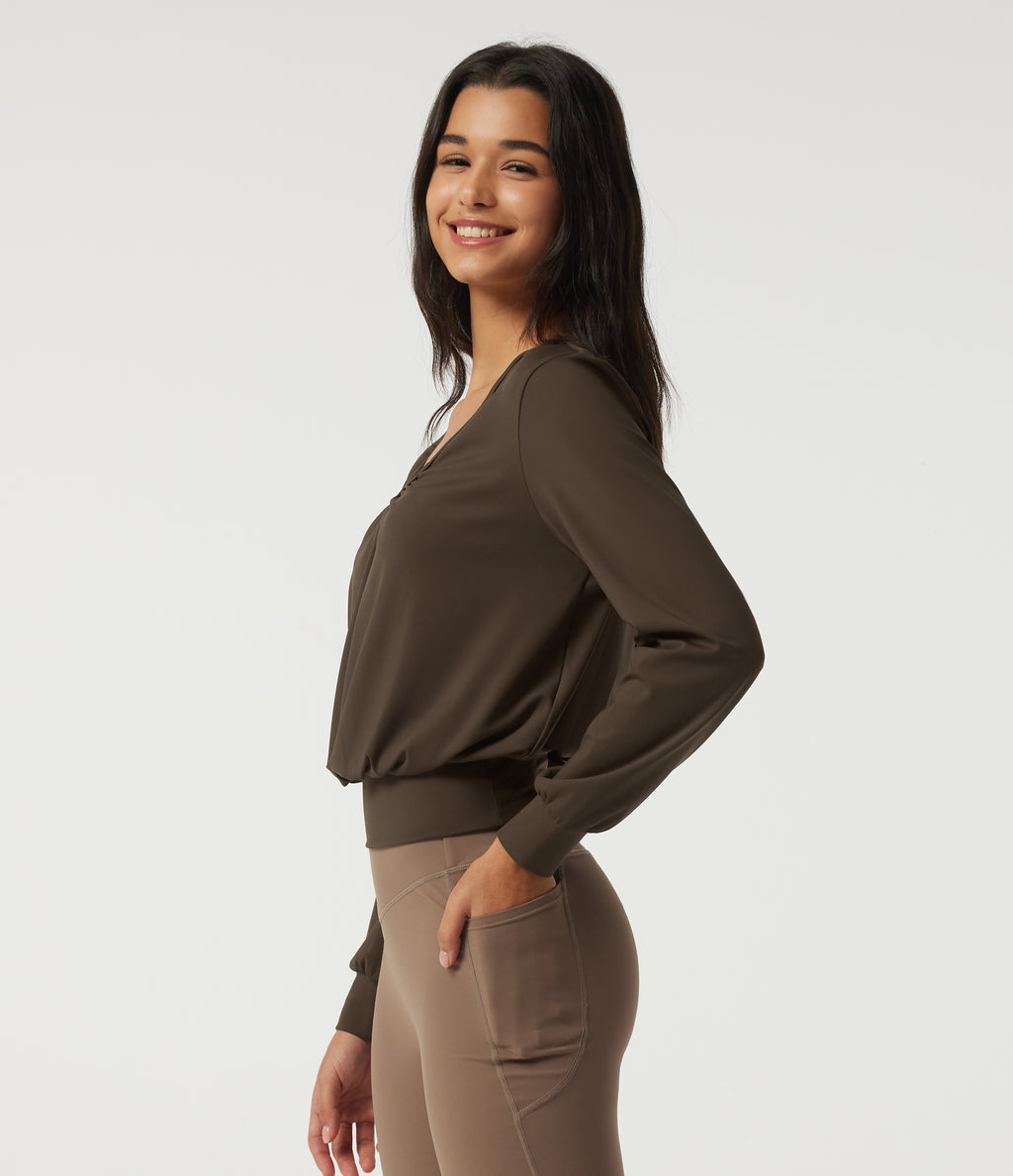 Airy V Neck Long Sleeve Ruched InstantCool Yoga Sports Top — Chocolate Martini — view 3