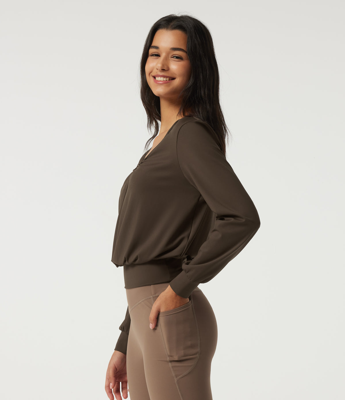Airy V Neck Long Sleeve Ruched InstantCool Yoga Sports Top — Chocolate Martini — view 3