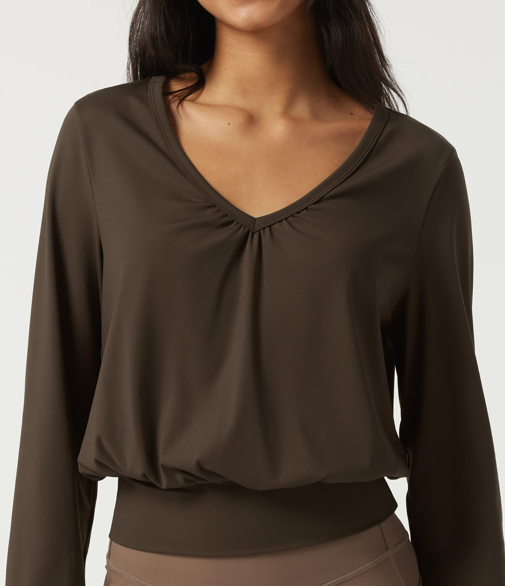 Airy V Neck Long Sleeve Ruched InstantCool Yoga Sports Top — Chocolate Martini — view 5