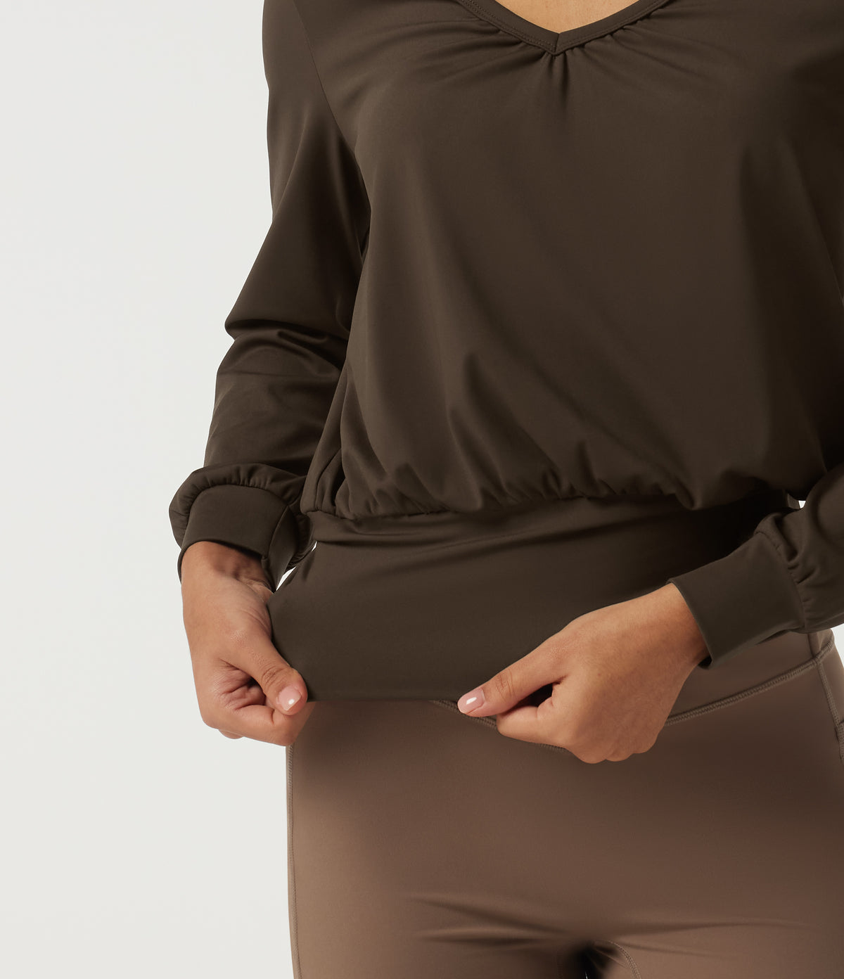 Airy V Neck Long Sleeve Ruched InstantCool Yoga Sports Top — Chocolate Martini — view 8