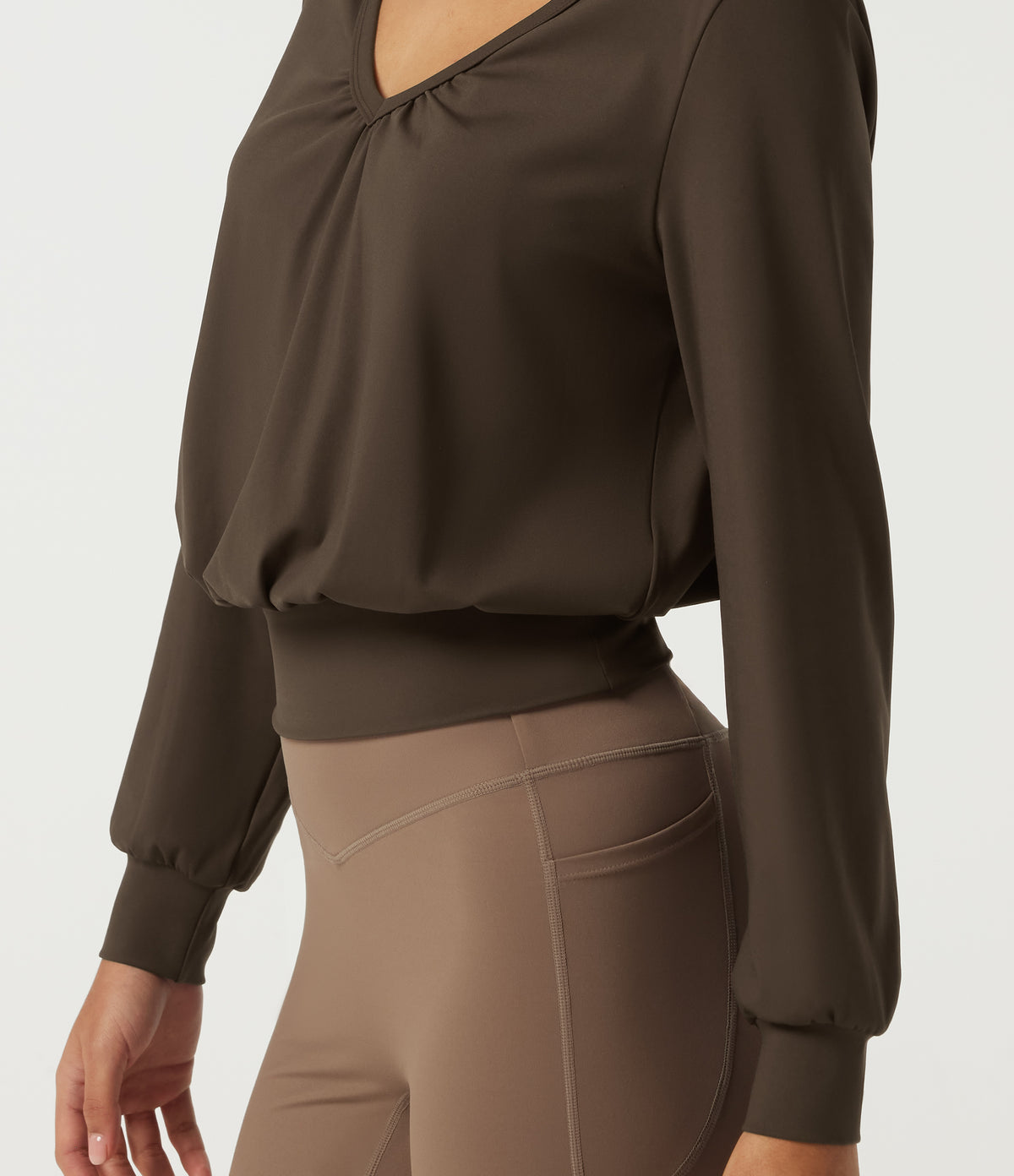 Airy V Neck Long Sleeve Ruched InstantCool Yoga Sports Top — Chocolate Martini — view 6