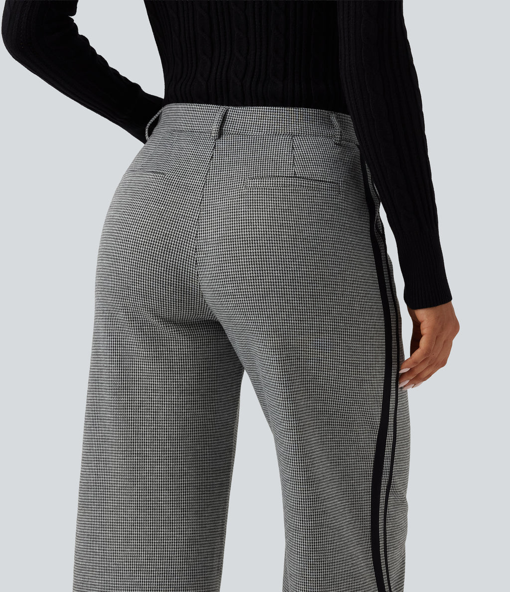 Mid Rise Houndstooth Straight Leg Side Stripe Work Trousers with Pockets — Star White Houndstooth — view 5