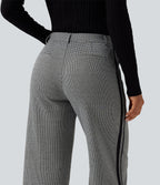 Mid Rise Houndstooth Straight Leg Side Stripe Work Trousers with Pockets — Star White Houndstooth — view 5