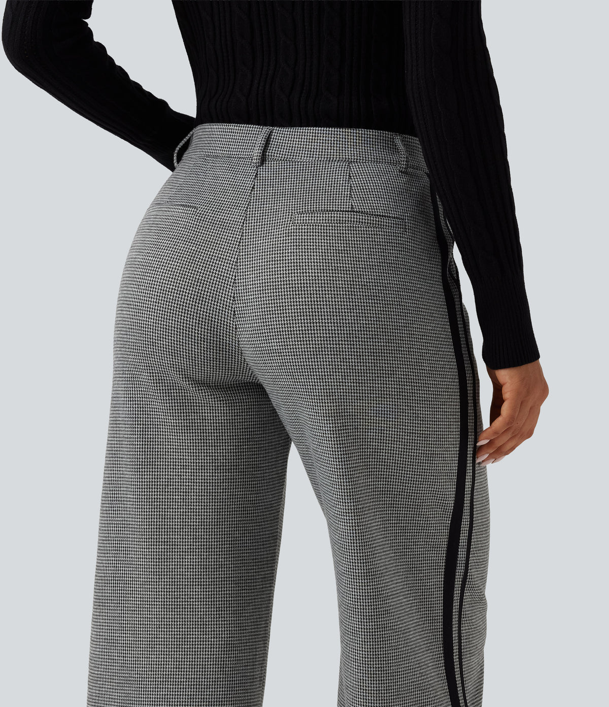 Mid Rise Houndstooth Straight Leg Side Stripe Work Trousers with Pockets — Star White Houndstooth — view 5