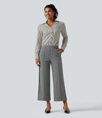Mid Rise Houndstooth Straight Leg Side Stripe Work Trousers with Pockets — Star White Houndstooth — view 7