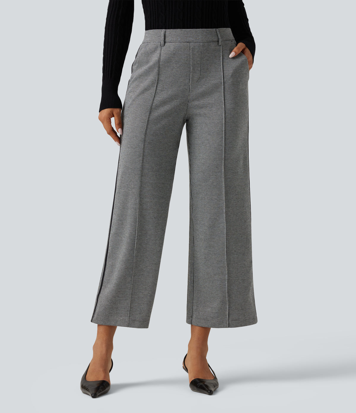 Mid Rise Houndstooth Straight Leg Side Stripe Work Trousers with Pockets — Star White Houndstooth — view 3