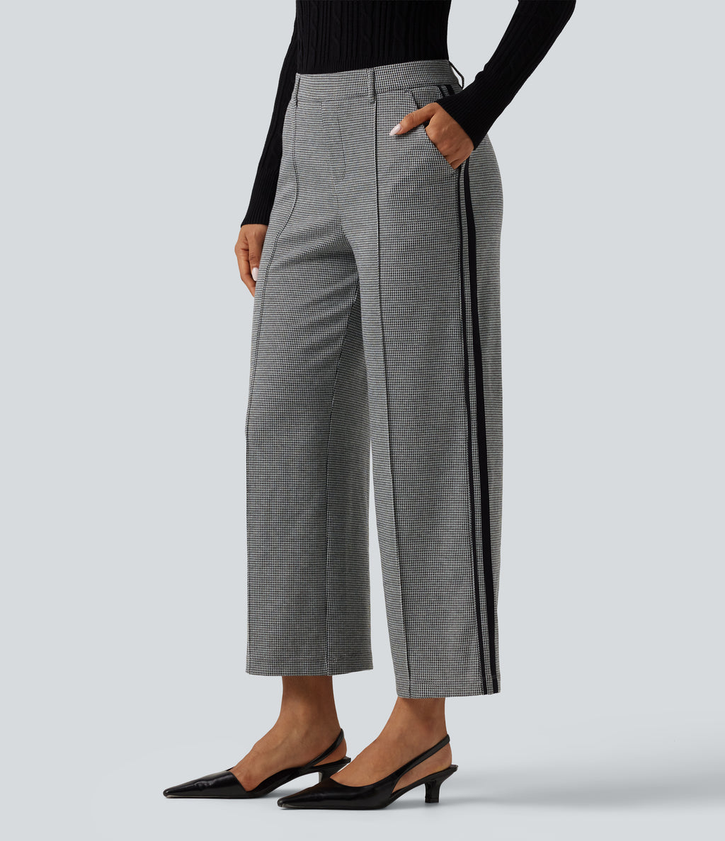 Mid Rise Houndstooth Straight Leg Side Stripe Work Trousers with Pockets — Star White Houndstooth — view 1