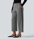 Mid Rise Houndstooth Straight Leg Side Stripe Work Trousers with Pockets — Star White Houndstooth — view 1