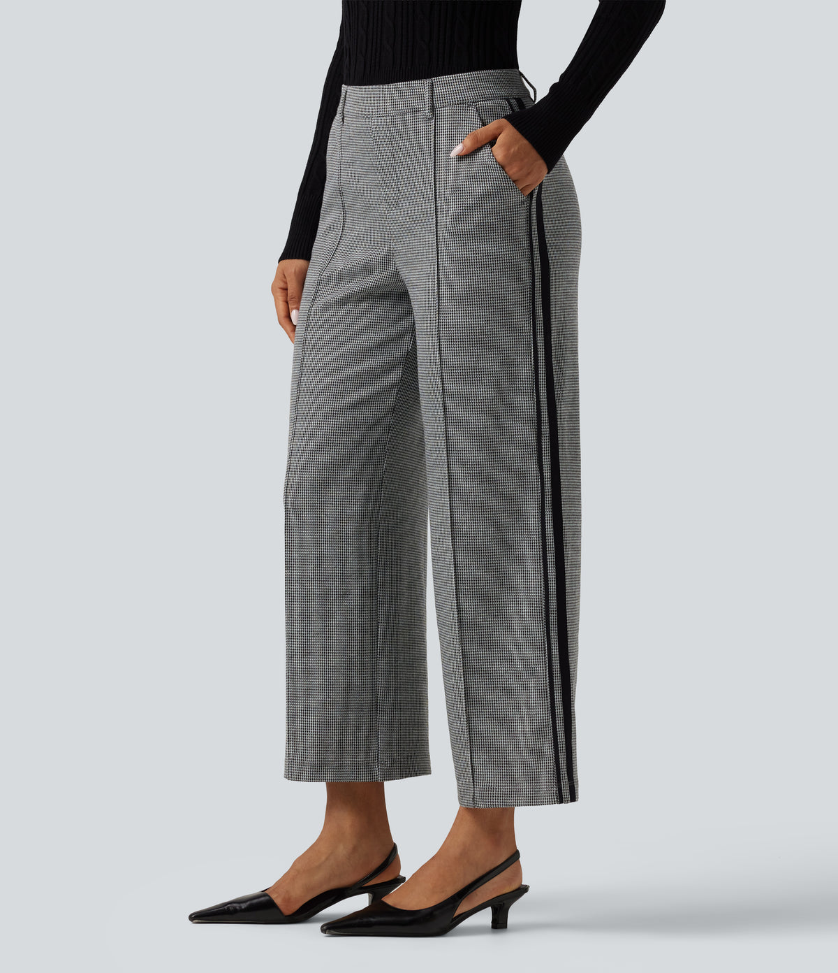 Mid Rise Houndstooth Straight Leg Side Stripe Work Trousers with Pockets — Star White Houndstooth — view 1
