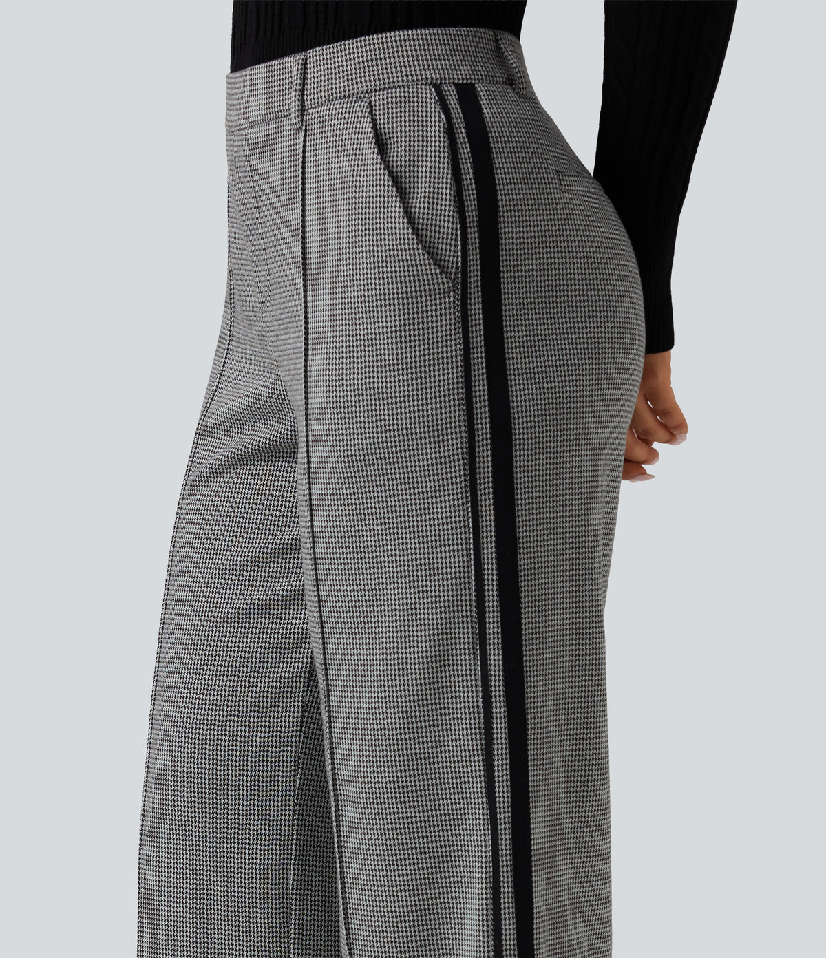 Mid Rise Houndstooth Straight Leg Side Stripe Work Trousers with Pockets — Star White Houndstooth — view 4
