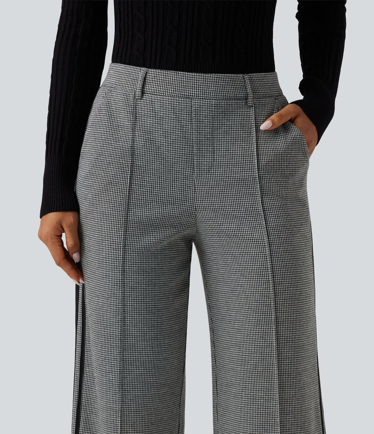 Mid Rise Houndstooth Straight Leg Side Stripe Work Trousers with Pockets — Star White Houndstooth — view 6