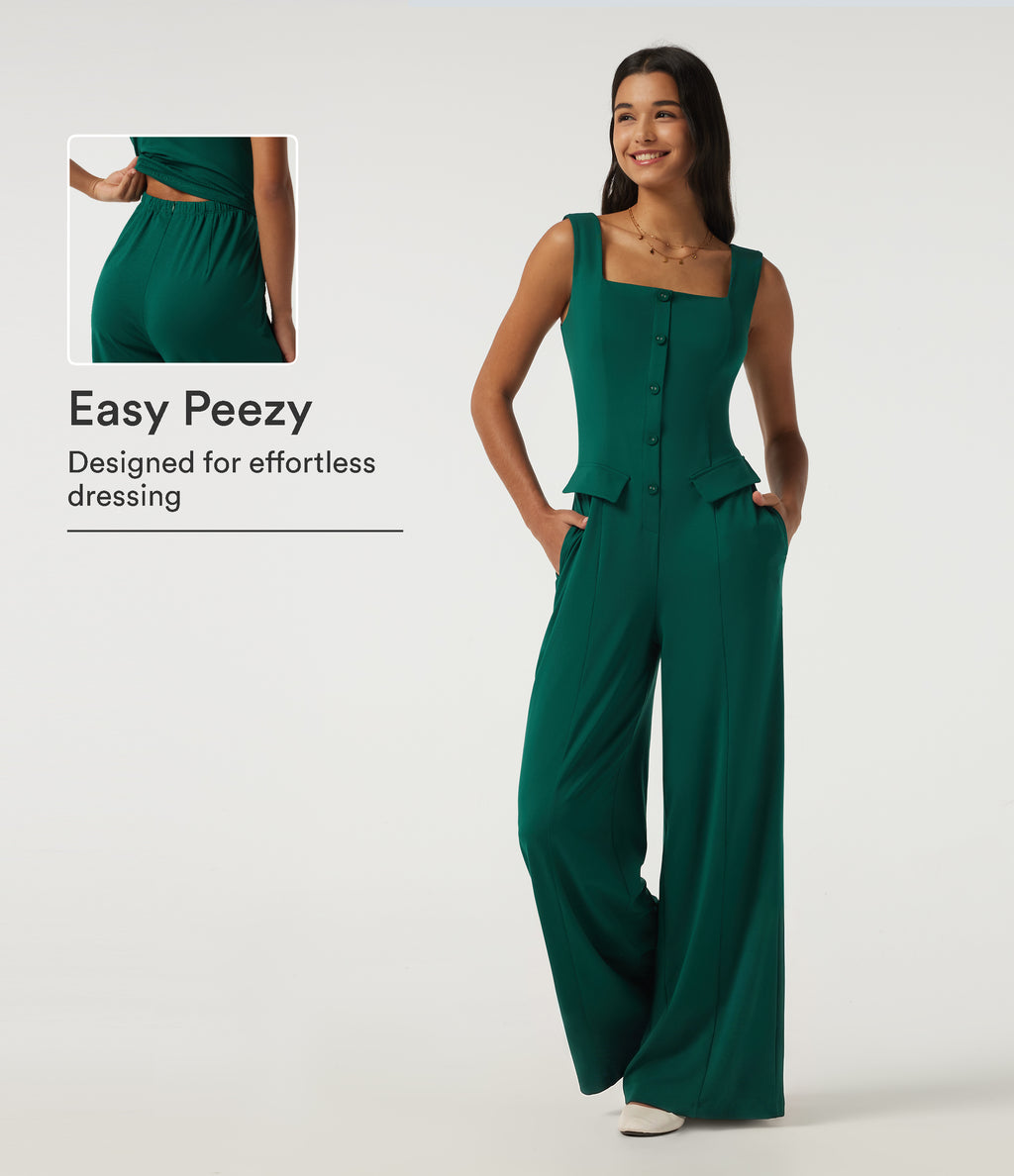 Square Neck Sleeveless Wide Leg Casual Jumpsuit with Pockets-Edition — Rain Forest — view 1