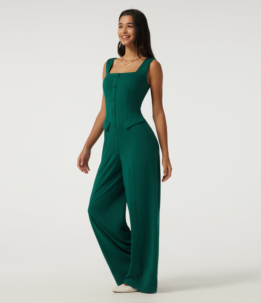 Square Neck Sleeveless Wide Leg Casual Jumpsuit with Pockets-Edition — Rain Forest — view 3