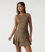 Boat Neck Sleeveless A Line Tiered Suede Mini Casual Dress — Coca Mocha — view 1