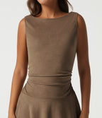Boat Neck Sleeveless A Line Tiered Suede Mini Casual Dress — Coca Mocha — view 4