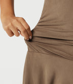 Boat Neck Sleeveless A Line Tiered Suede Mini Casual Dress — Coca Mocha — view 6