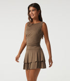 Boat Neck Sleeveless A Line Tiered Suede Mini Casual Dress — Coca Mocha — view 3