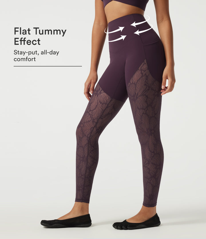 High Waisted Tummy Control Contrast Lace Skinny Yoga Leggings with Pockets — Night's Purple — view 1