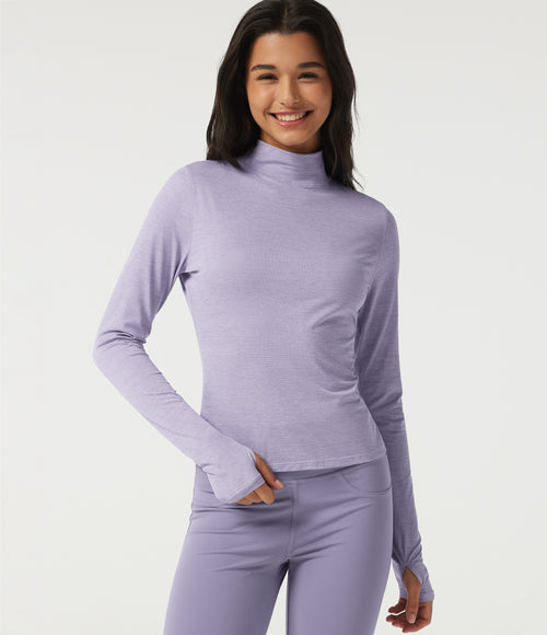 High Neck Long Sleeve Quick Dry Workout Sports Top with Thumbholes — Hazy Sky — view 1