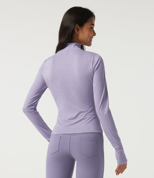 High Neck Long Sleeve Quick Dry Workout Sports Top with Thumbholes — Hazy Sky — view 2