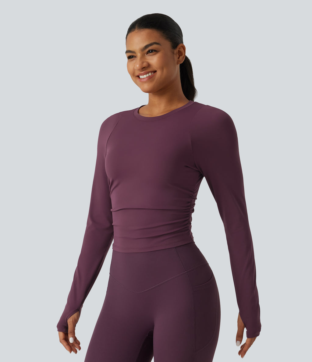 Airy Round Neck Long Sleeve Ruched InstantCool Yoga Sports Top with Thumbholes — Fig — view 3