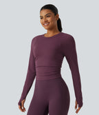 Airy Round Neck Long Sleeve Ruched InstantCool Yoga Sports Top with Thumbholes — Fig — view 3
