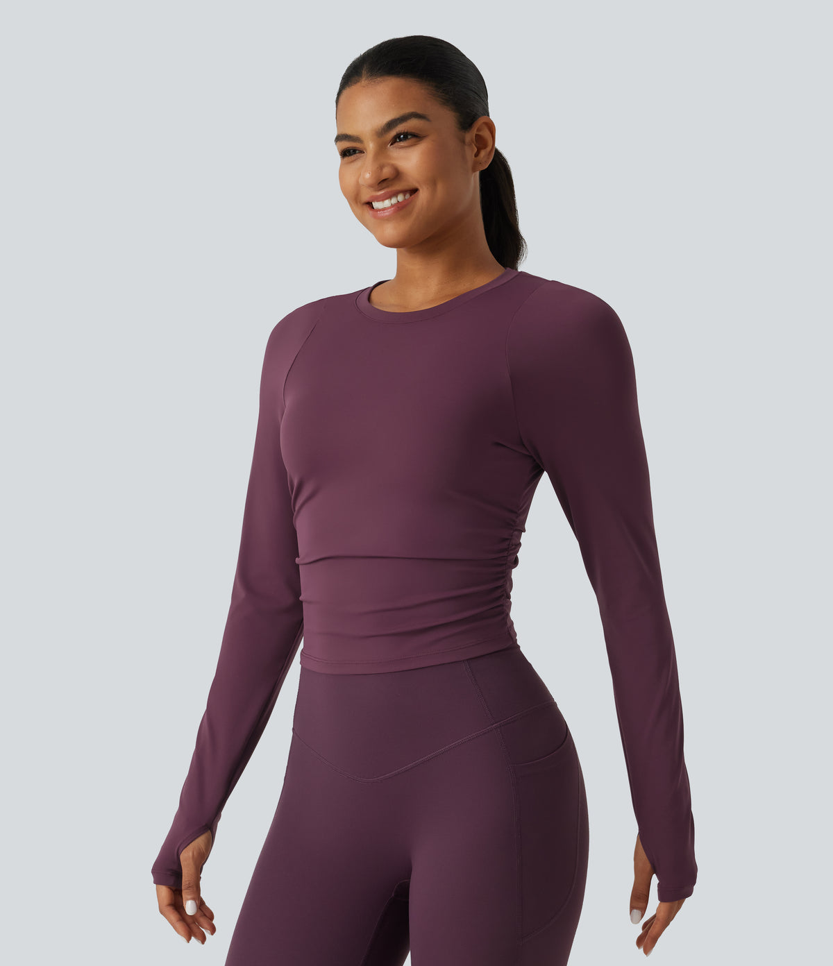Airy Round Neck Long Sleeve Ruched InstantCool Yoga Sports Top with Thumbholes — Fig — view 3