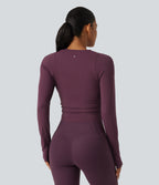 Airy Round Neck Long Sleeve Ruched InstantCool Yoga Sports Top with Thumbholes — Fig — view 2
