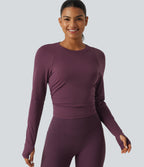 Airy Round Neck Long Sleeve Ruched InstantCool Yoga Sports Top with Thumbholes — Fig — view 1