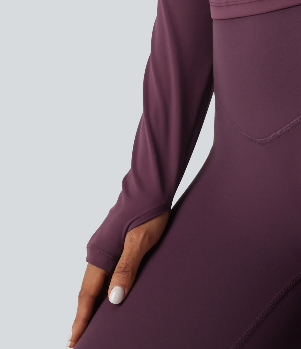 Airy Round Neck Long Sleeve Ruched InstantCool Yoga Sports Top with Thumbholes — Fig — view 7