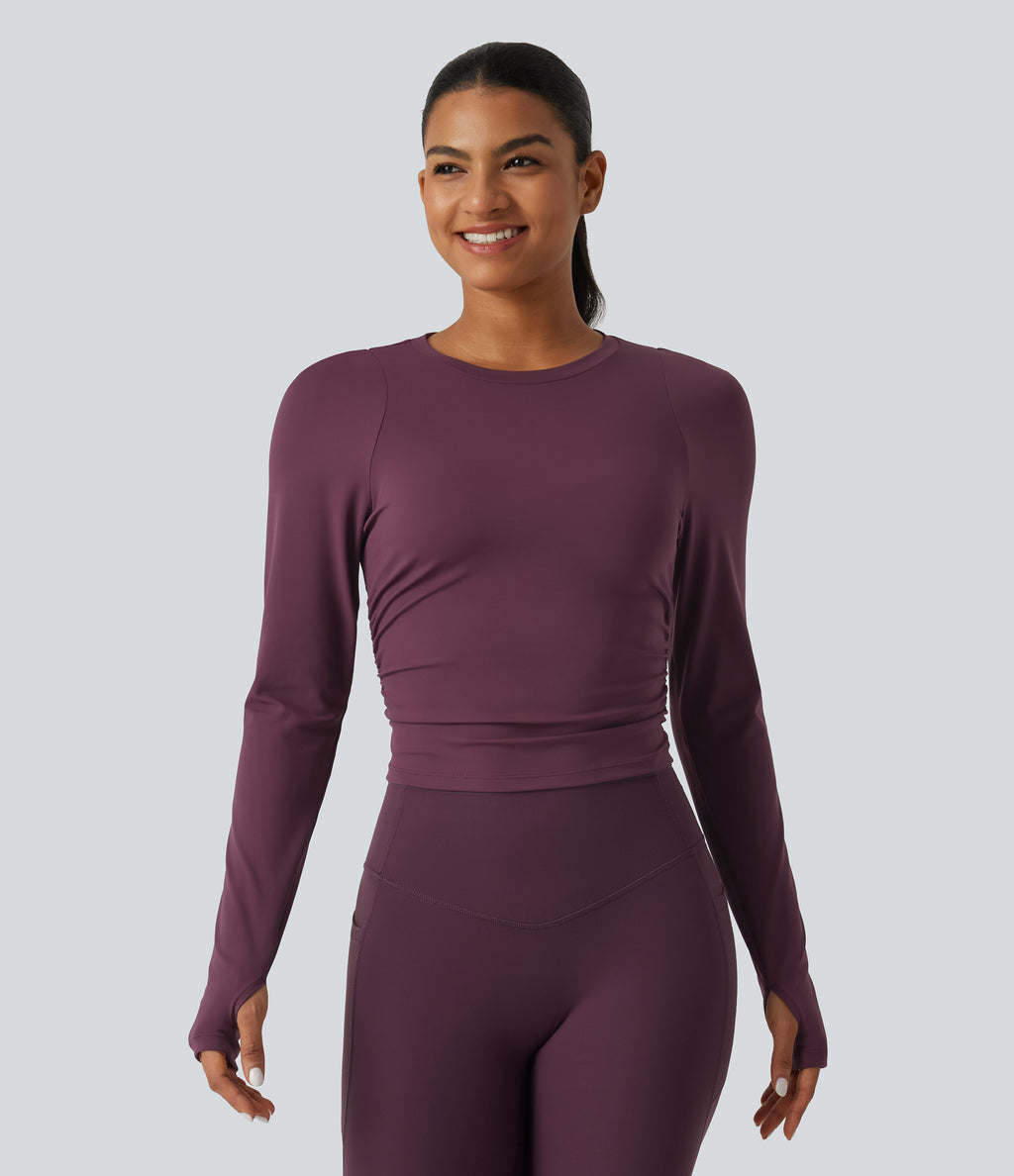 Airy Round Neck Long Sleeve Ruched InstantCool Yoga Sports Top with Thumbholes — Fig — view 4