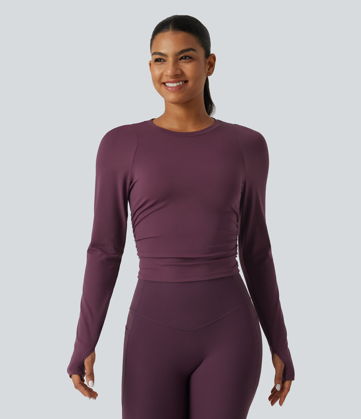 Airy Round Neck Long Sleeve Ruched InstantCool Yoga Sports Top with Thumbholes — Fig — view 4