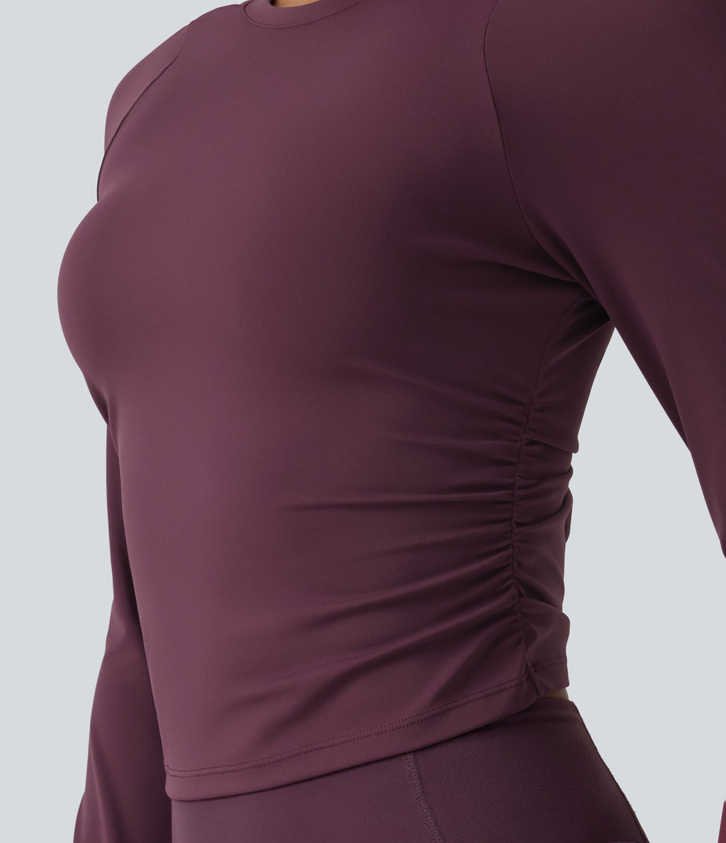 Airy Round Neck Long Sleeve Ruched InstantCool Yoga Sports Top with Thumbholes — Fig — view 5