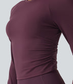 Airy Round Neck Long Sleeve Ruched InstantCool Yoga Sports Top with Thumbholes — Fig — view 5