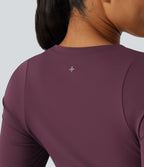 Airy Round Neck Long Sleeve Ruched InstantCool Yoga Sports Top with Thumbholes — Fig — view 6